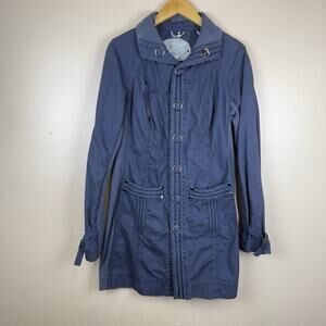 Free People Women’s Blue Military Utility Jacket Coat Long Mock Neck Boho Sz 10